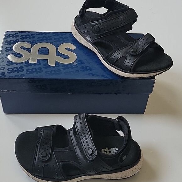 6 WIDE SAS BLACK VELCRO LEATHER ADJUSTABLE COMFORT ACTIVE SANDALS 6W LIKE NEW - Picture 1 of 11